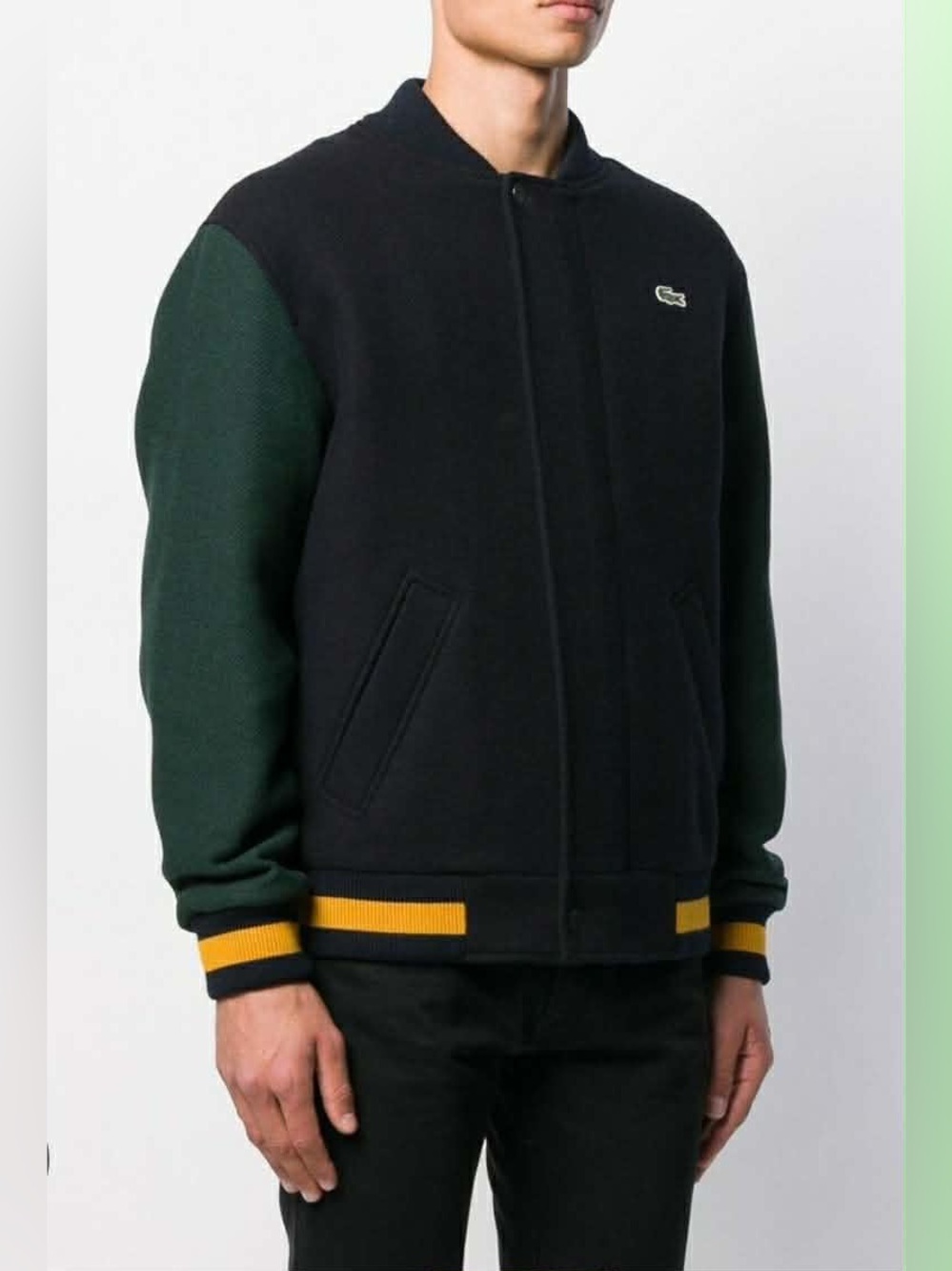Lacoste Black Bomber Jacket with Dark Green Sleeves and Yellow Accents